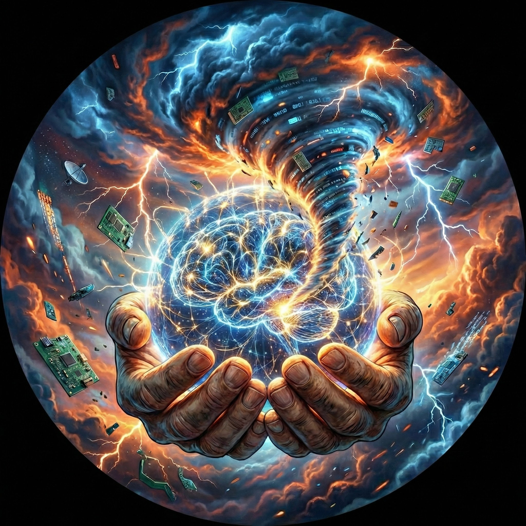 The Windstorm Institute brand mark — hands holding a brain at the eye of a storm of circuits and lightning